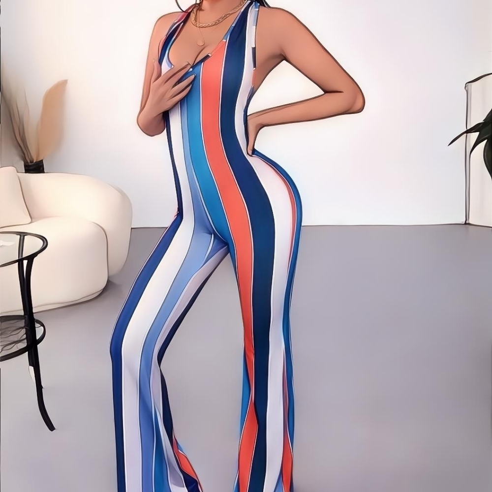 ISO SHEIN SXY Colorblock Halter Neck Flare Leg Jumpsuit